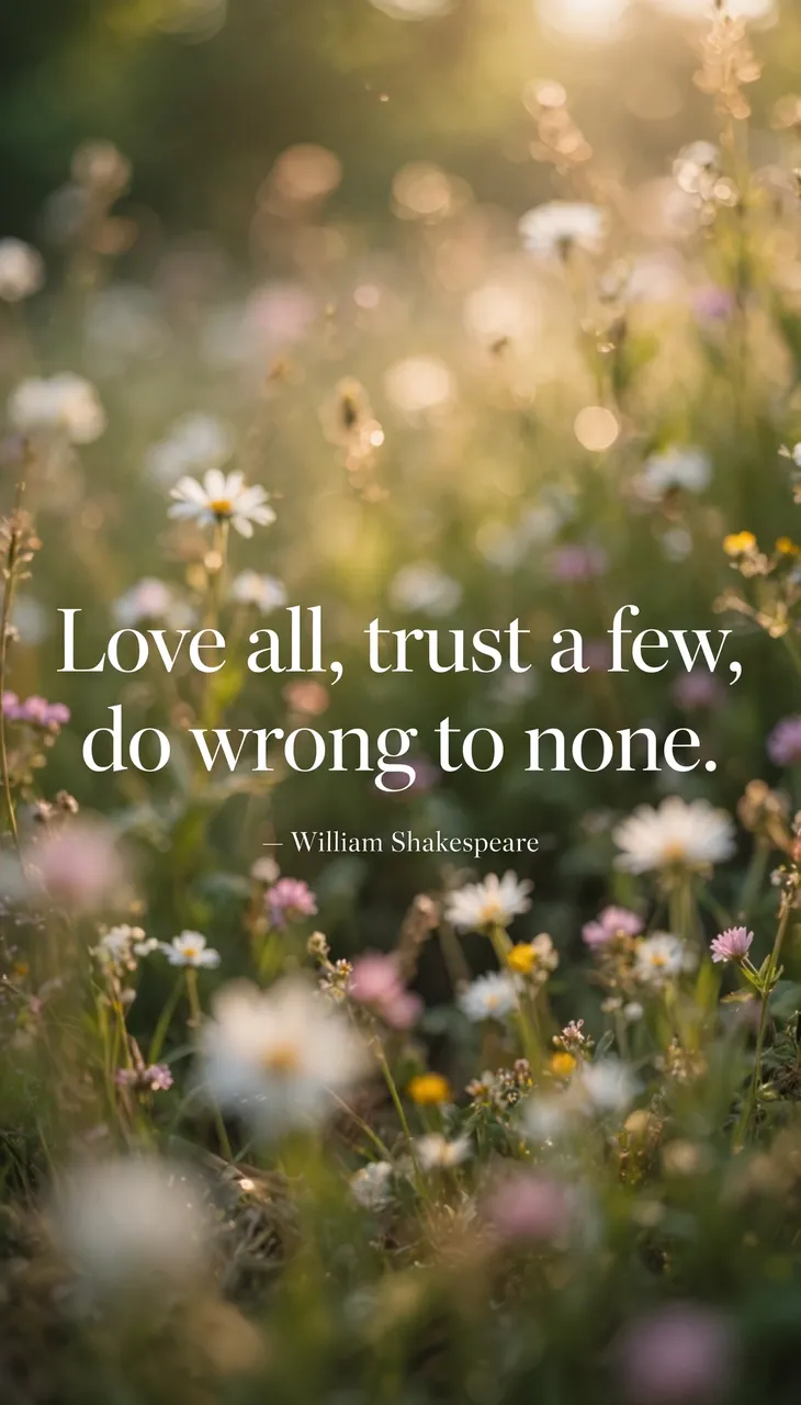 Soft sunlit blurry wildflower meadow with white serif text reading "Love all, trust a few, do wrong to none." attributed to