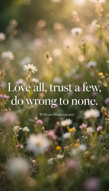 Soft sunlit blurry wildflower meadow with white serif text reading "Love all, trust a few, do wrong to none." attributed to