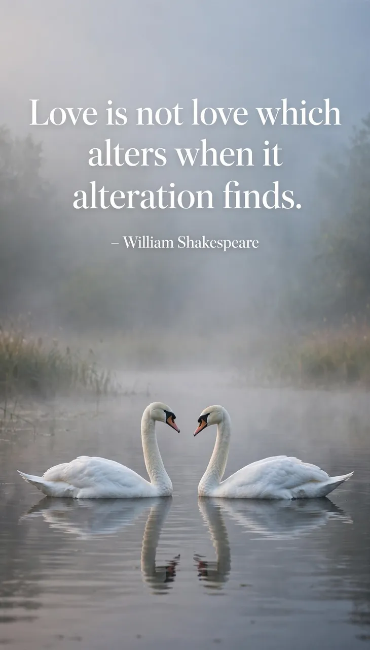 Two white swans face each other on a misty dawn lake, with the quote "Love is not love which alters when it alteration