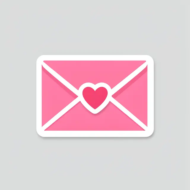 Flat die-cut sticker of a pink sealed envelope with a heart seal on a light gray background