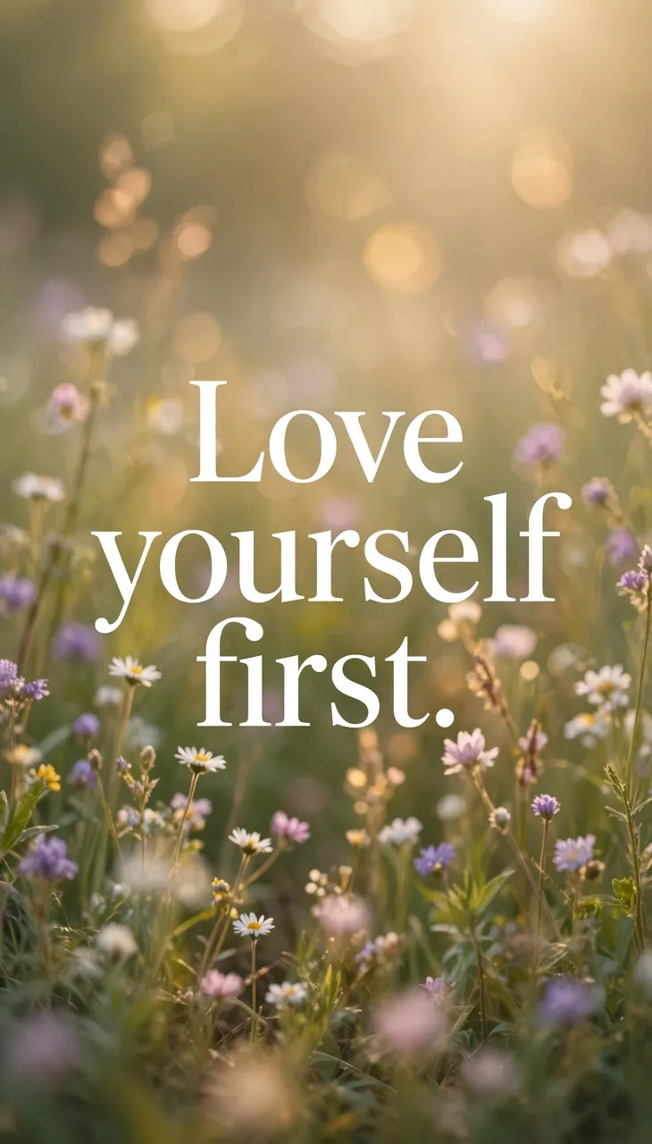 Soft sunlit wildflower meadow wallpaper with large white serif text reading "Love yourself first."
