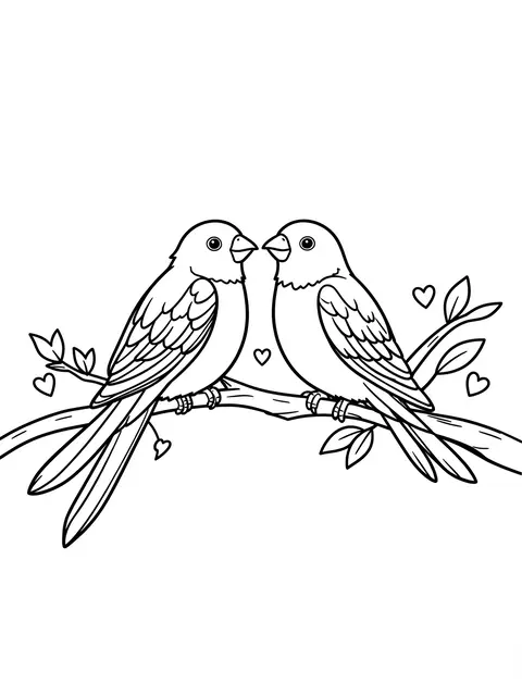 Black and white line art of two facing lovebirds perched on a branch with small scattered hearts