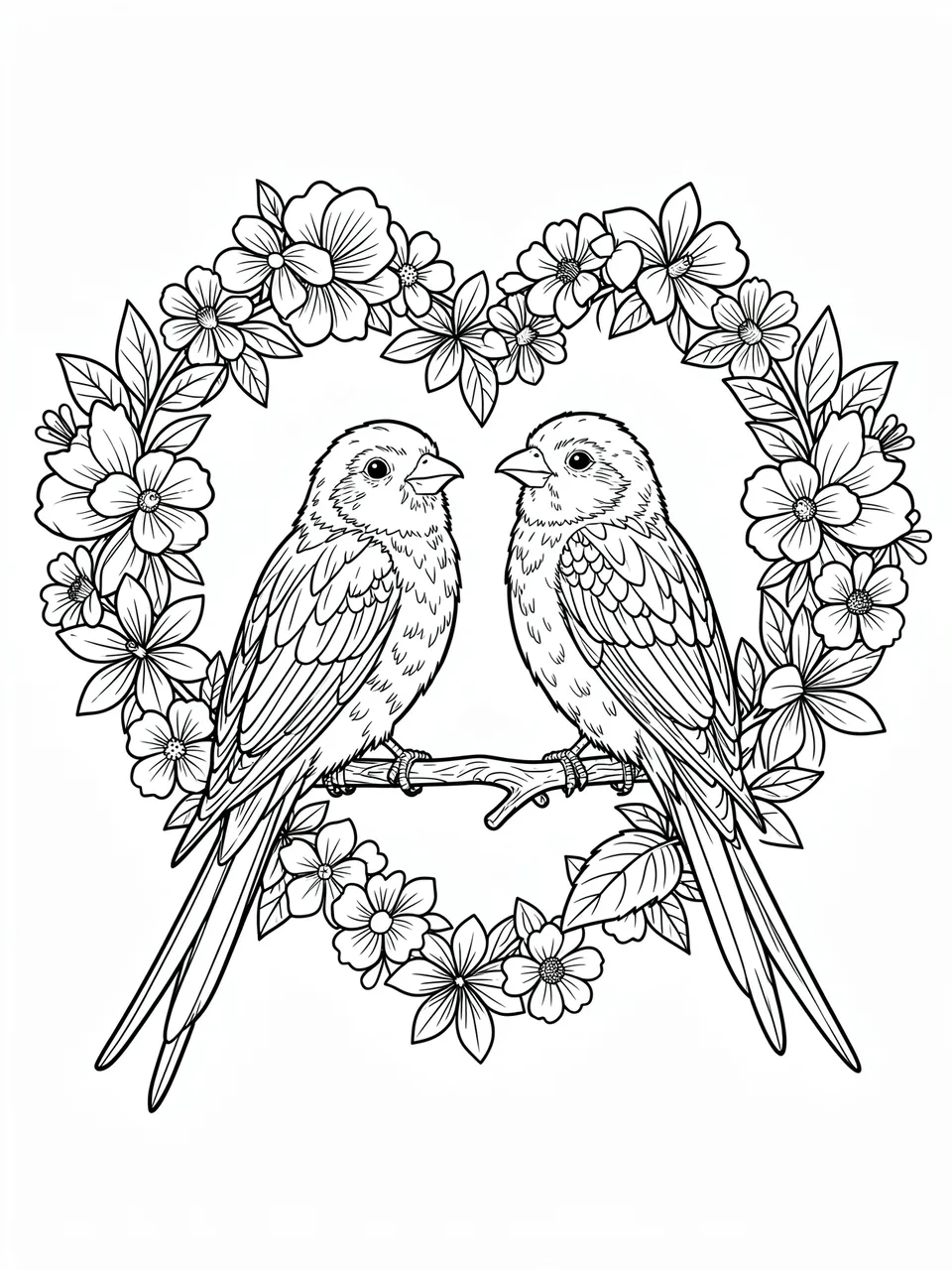 Black and white line art of two lovebirds perched on a branch inside a heart-shaped flower wreath