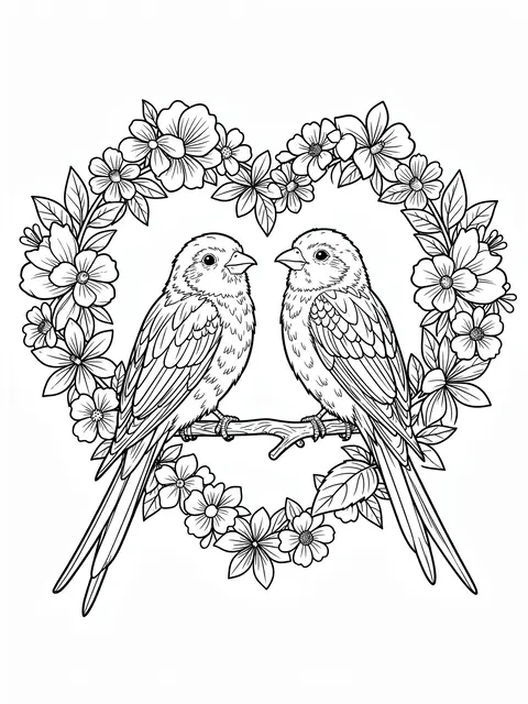Black and white line art of two lovebirds perched on a branch inside a heart-shaped flower wreath