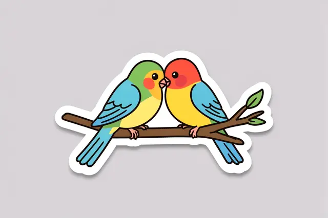 A die-cut sticker of two cute nuzzling lovebirds perched on a branch against a light gray background