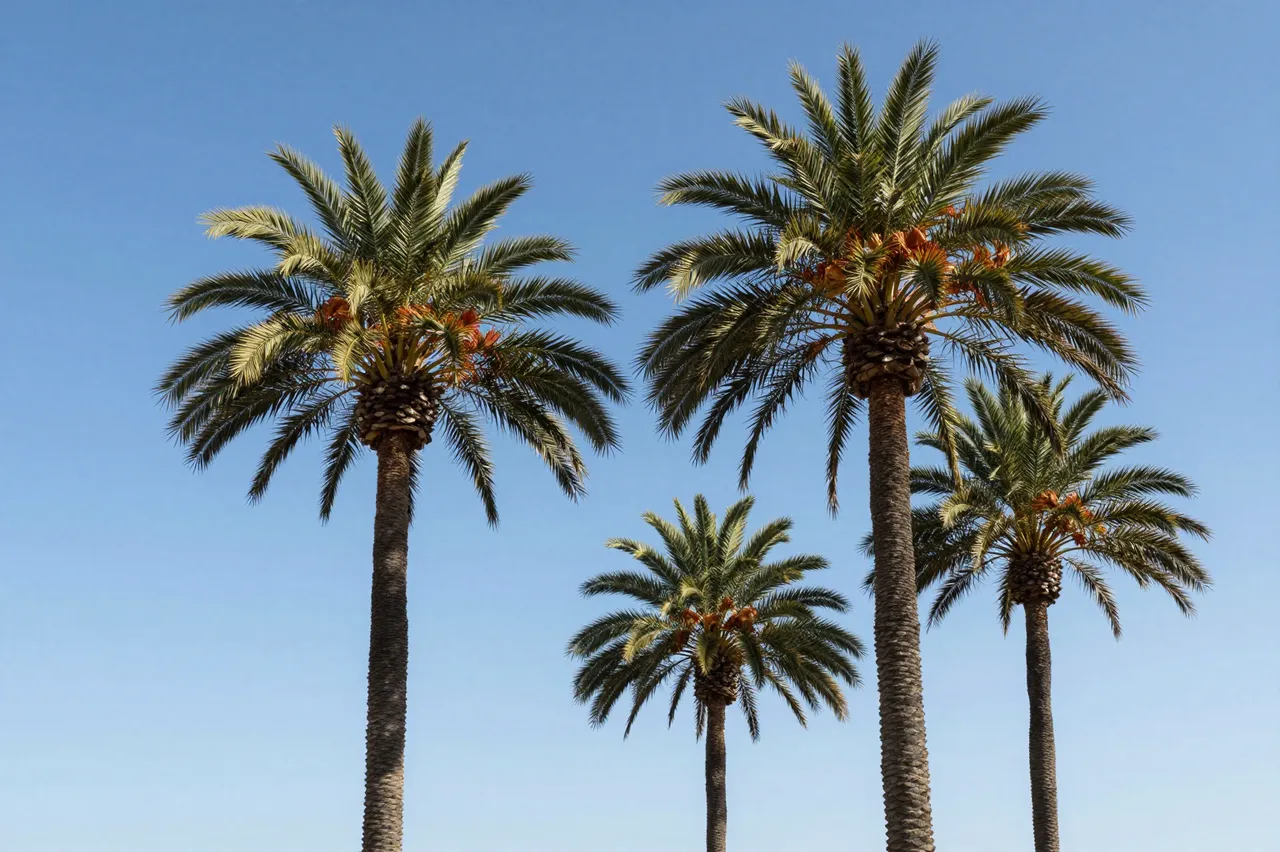 Four date palm trees stand against a clear bright blue sky from a low upward angle