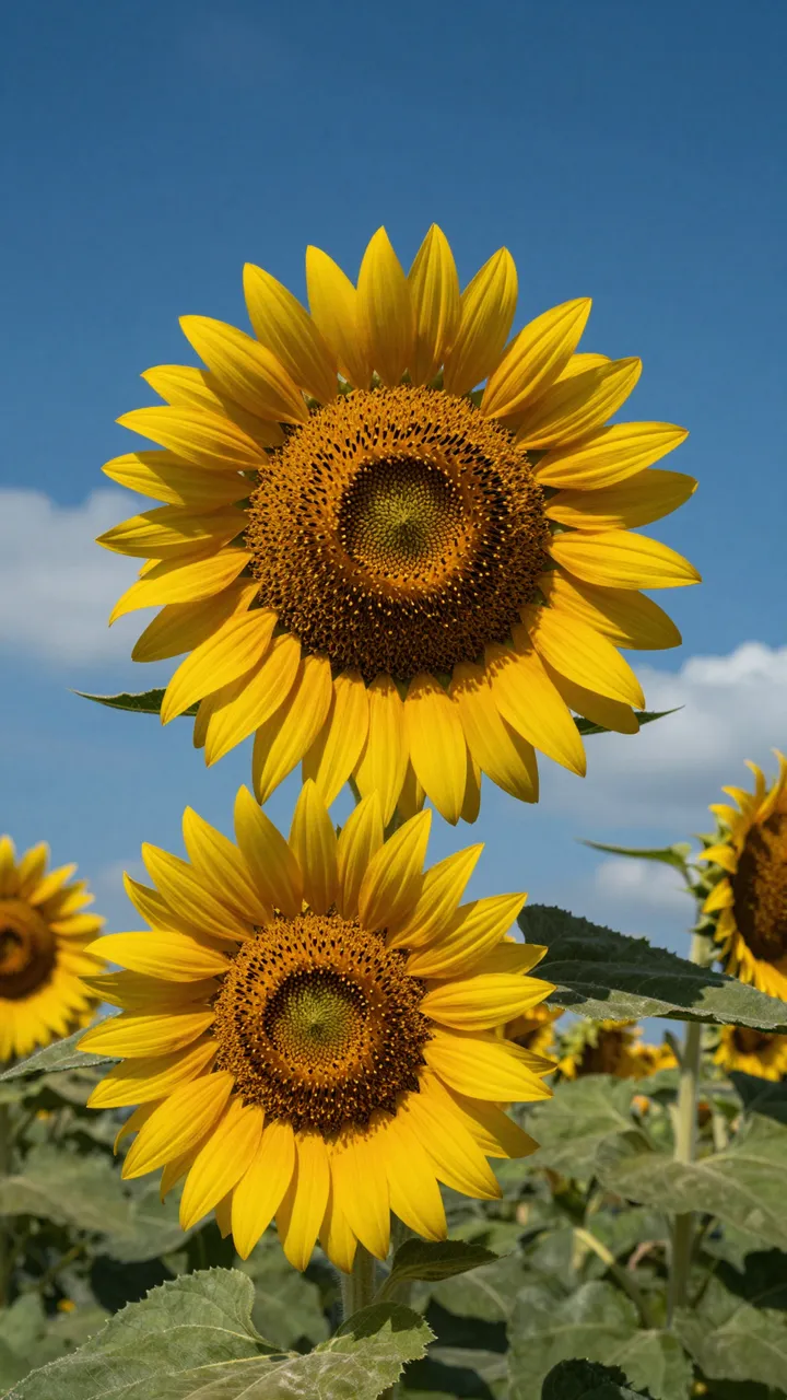 Looking up at bright yellow sunflowers against a deep blue sky with soft white clouds
