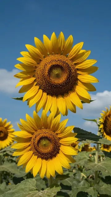 Looking up at bright yellow sunflowers against a deep blue sky with soft white clouds