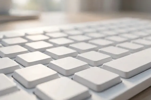 Close-up low-angle view of blank white keyboard keys lit by soft daylight with shallow focus
