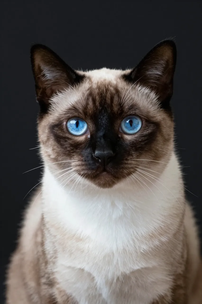 A Siamese cat with vivid bright blue eyes looks directly at the camera against a solid black background