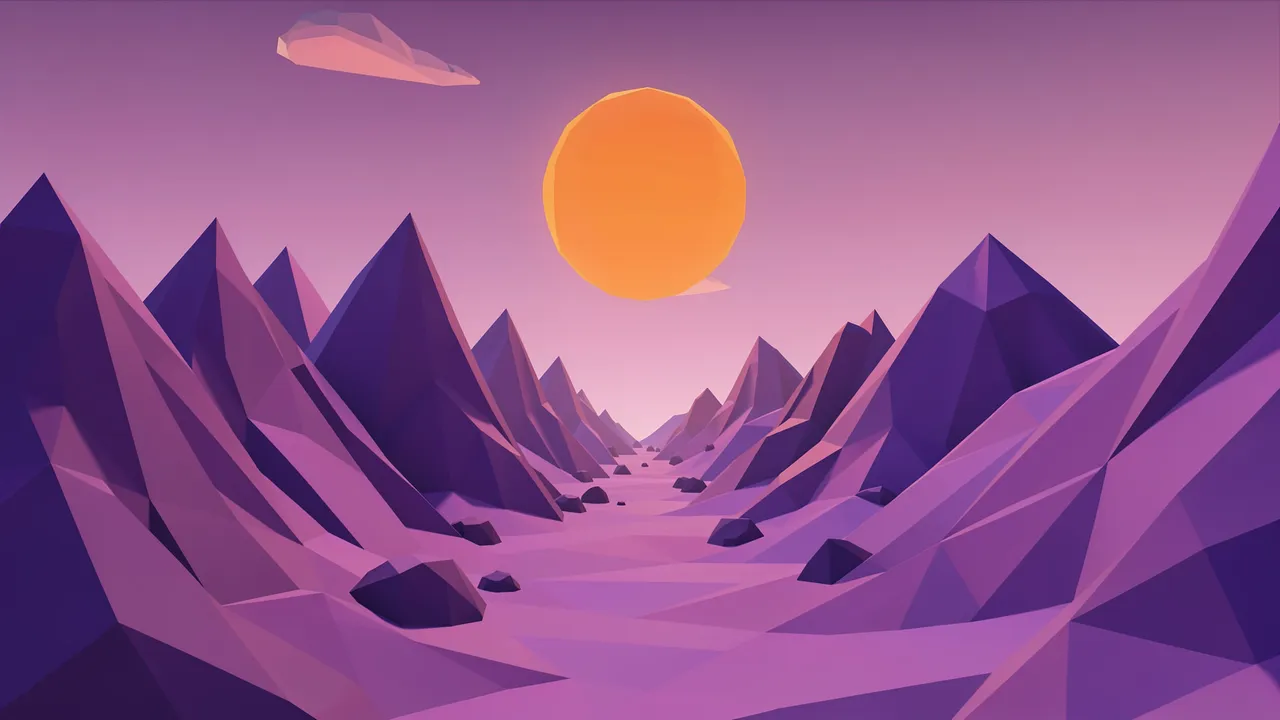 Faceted purple low-poly mountains frame an alien valley with a large orange planet in the pink sky