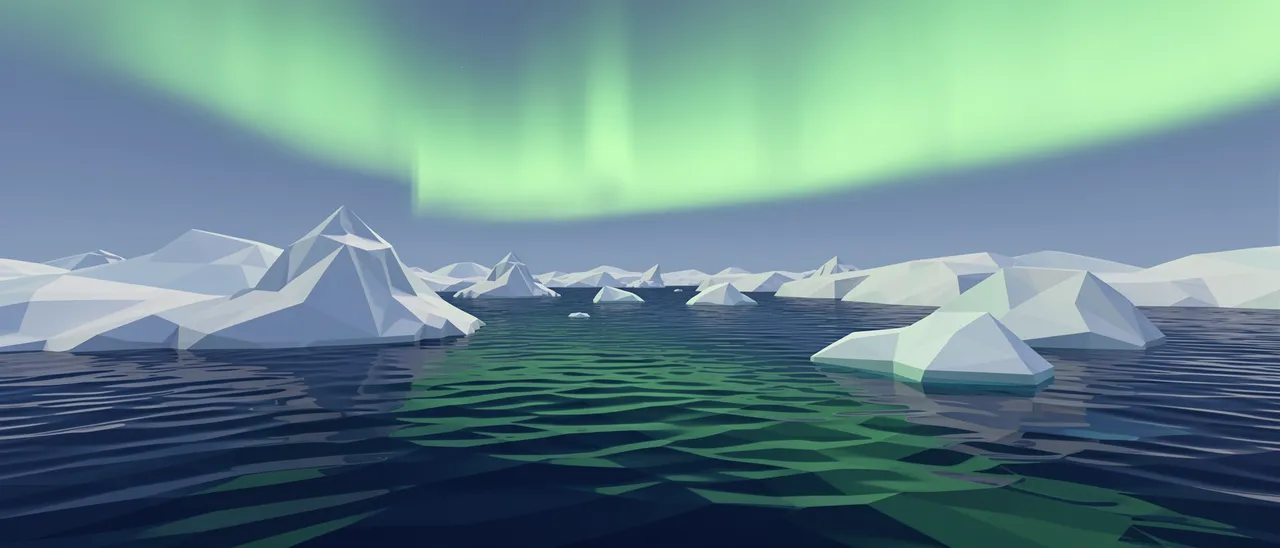 Faceted low-poly icebergs float on dark arctic sea under a sweeping pale green aurora