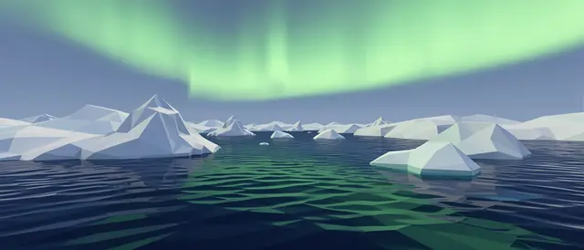 Faceted low-poly icebergs float on dark arctic sea under a sweeping pale green aurora