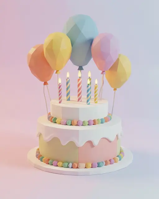 Low poly 3D two-tier birthday cake with lit candles and pastel balloons against a gradient backdrop