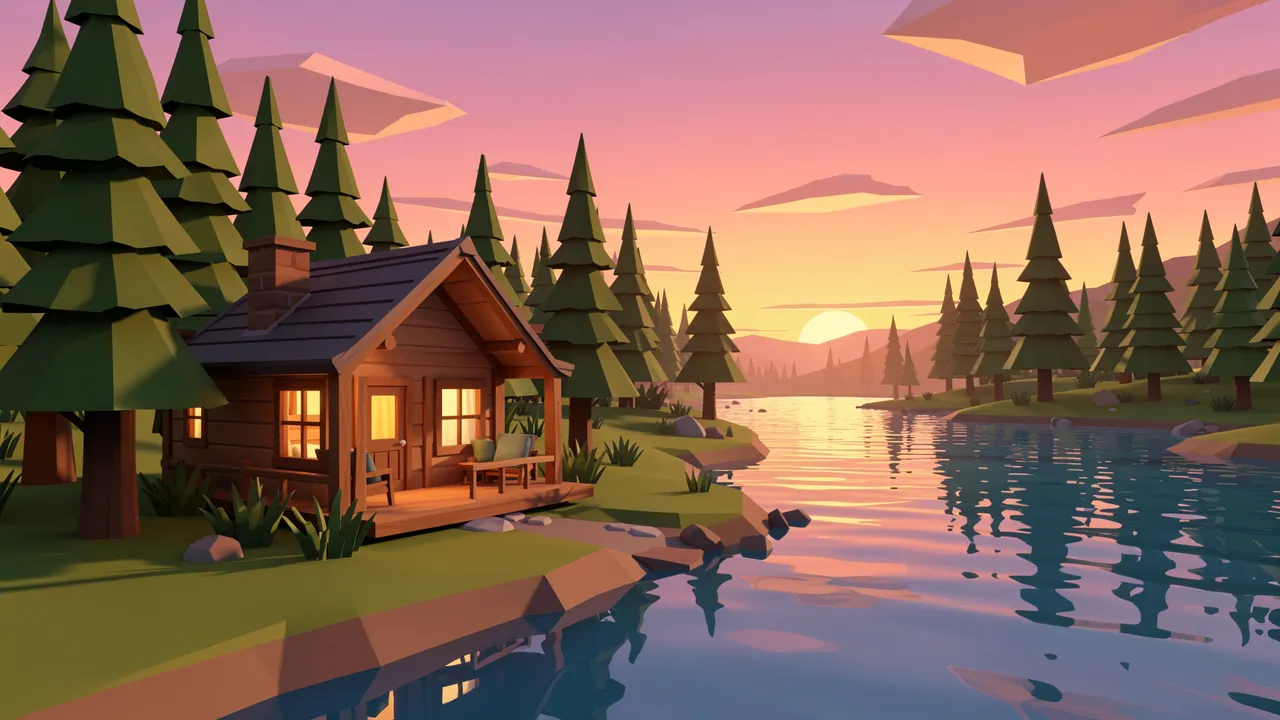Stylized low poly 3D render of a cozy lit cabin beside a calm lake with pine trees at sunset