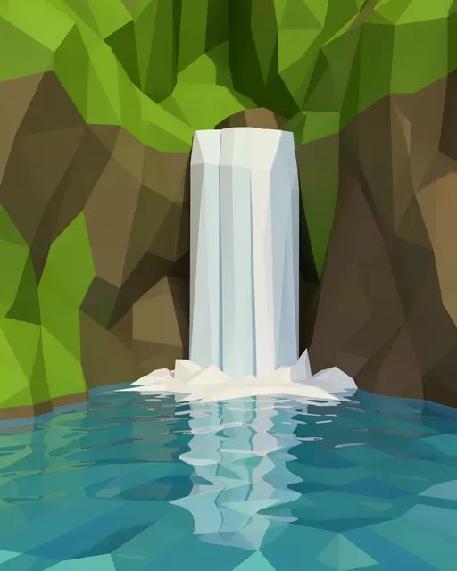 Low poly 3D render of a waterfall spilling from a green rocky cliff into a clear blue pool