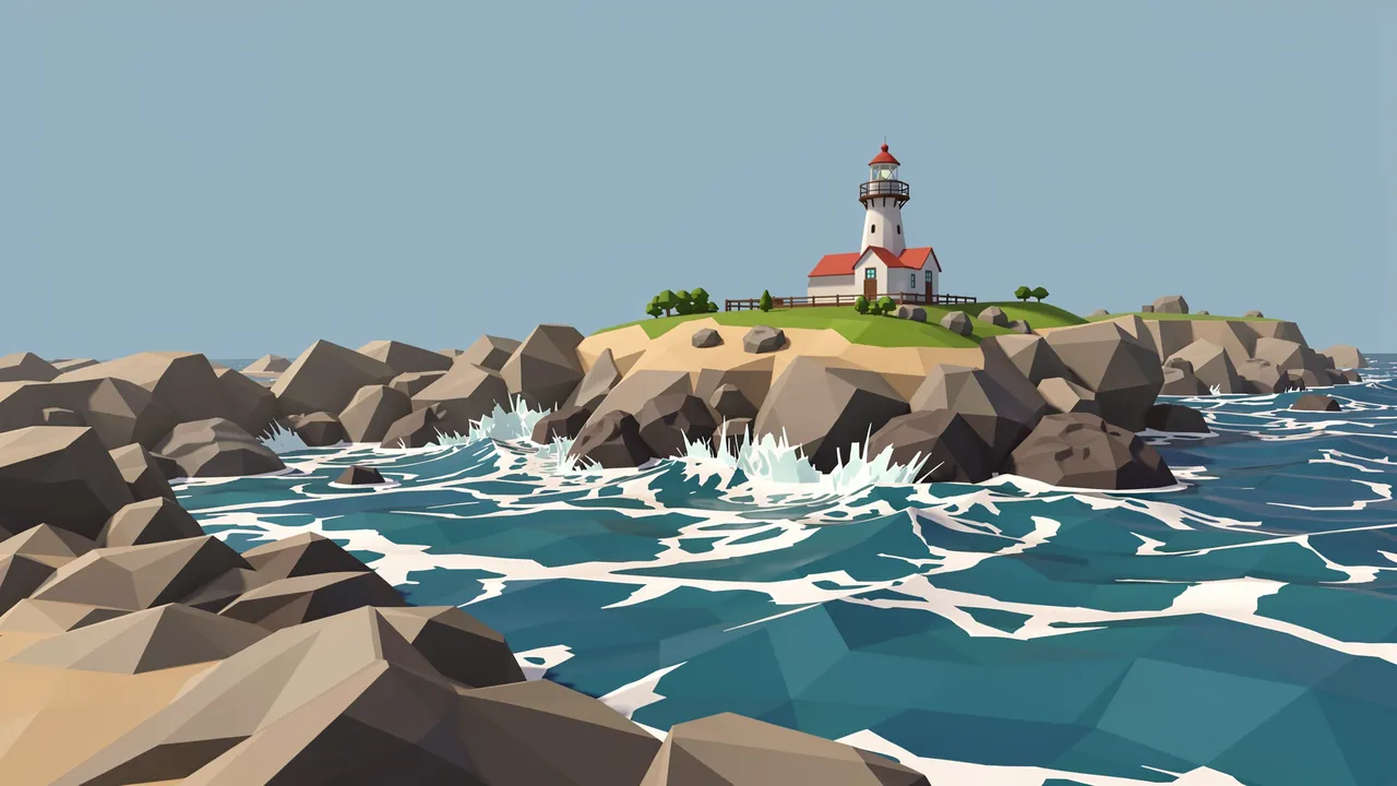 A low poly 3D render of a small lighthouse perched on a rocky islet as waves crash against surrounding shoreline rocks