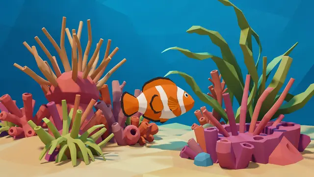 A stylized low poly 3D clownfish swims among colorful corals and sea anemones on a sandy seabed.