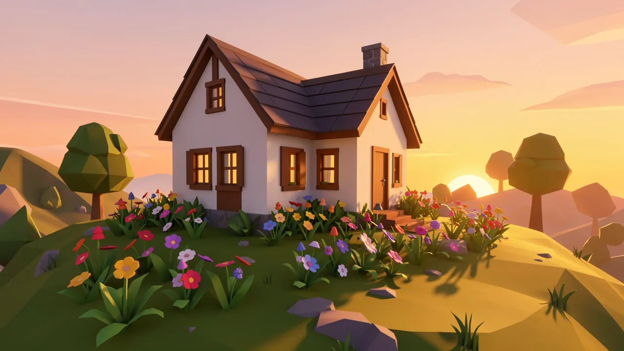 A low poly 3D hillside cottage surrounded by a bright flower garden under a soft sunrise sky