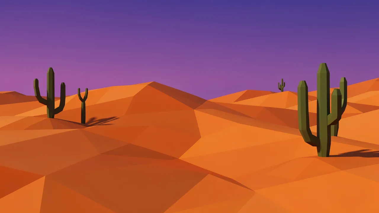 Faceted orange low-poly desert dunes with saguaro cacti under a gradient violet evening sky