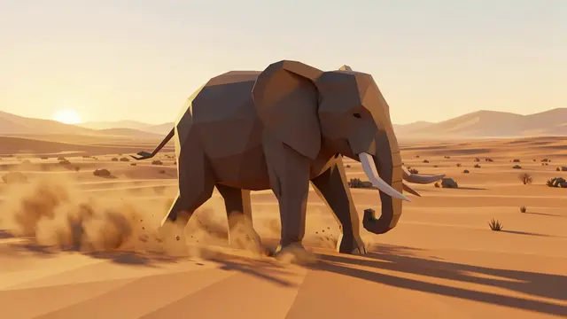 A low poly 3D elephant walks across a dusty desert plain as warm golden hour light falls over the landscape.