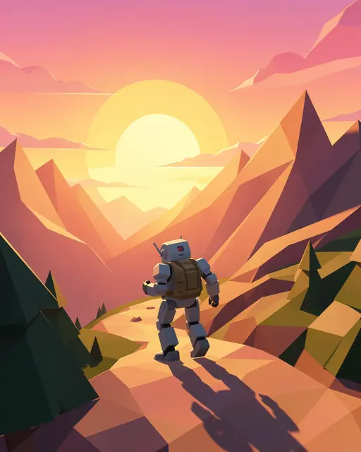 A low poly robot with a backpack hikes along a mountain trail at glowing sunrise