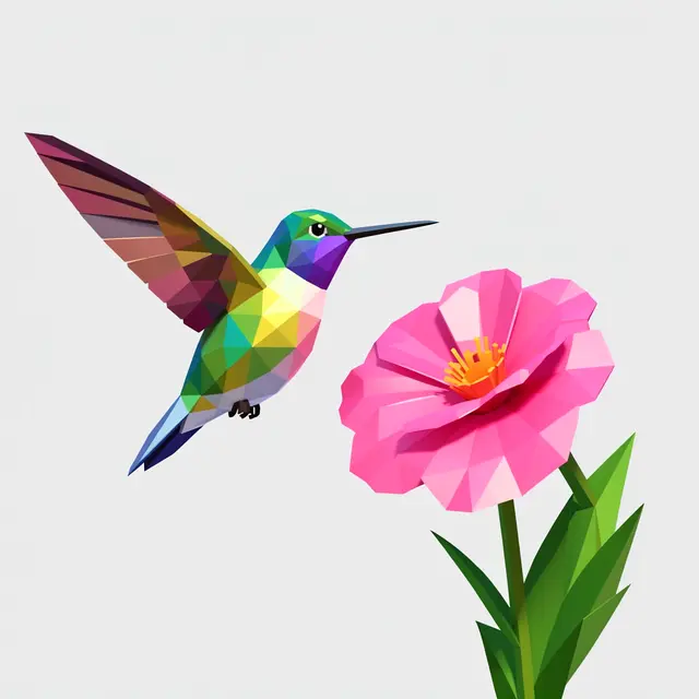 Faceted low poly 3D hummingbird hovers beside a bright pink geometric flower on a plain light gray background.