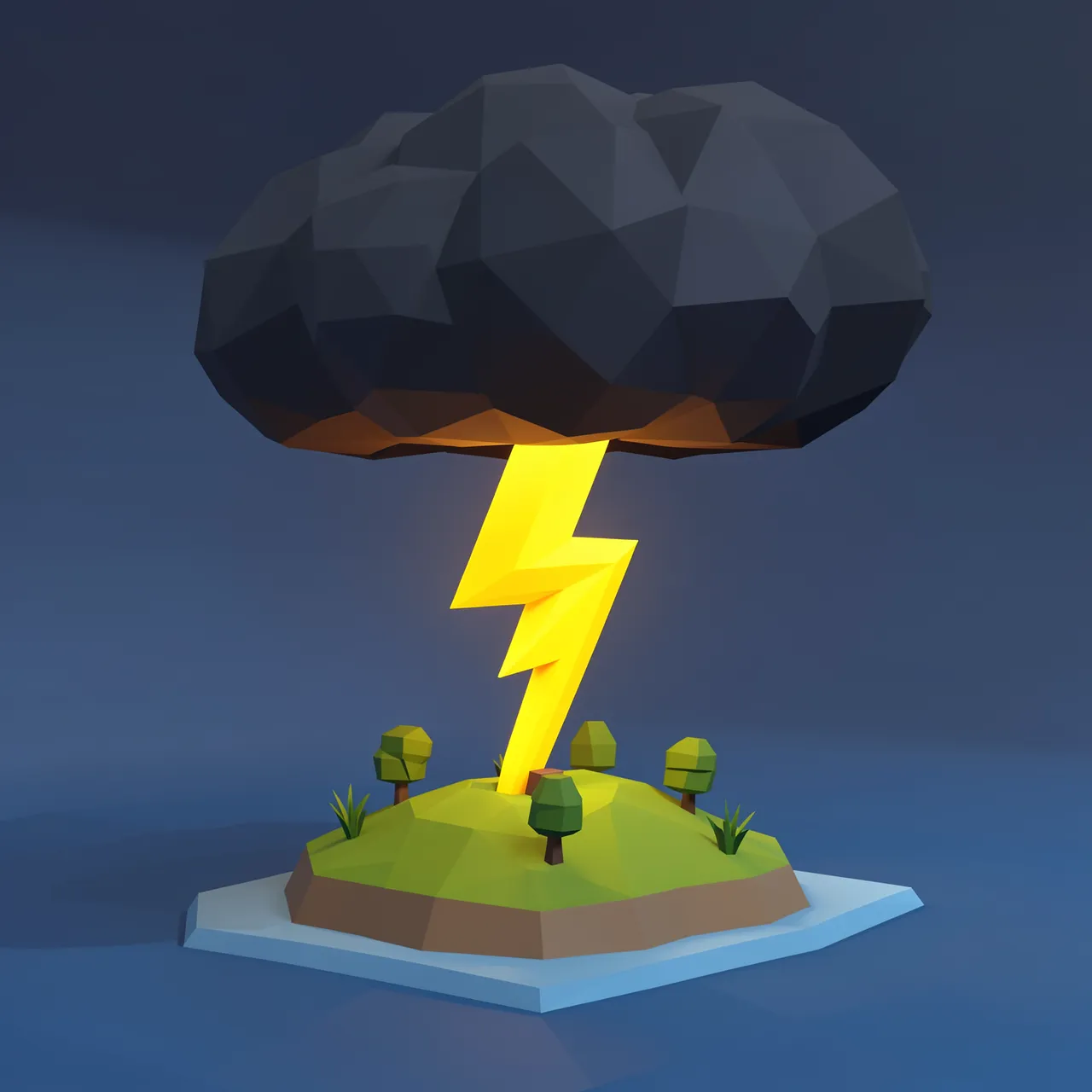 Low poly 3D render of a dark storm cloud emitting a bright lightning bolt onto a tiny grassy island