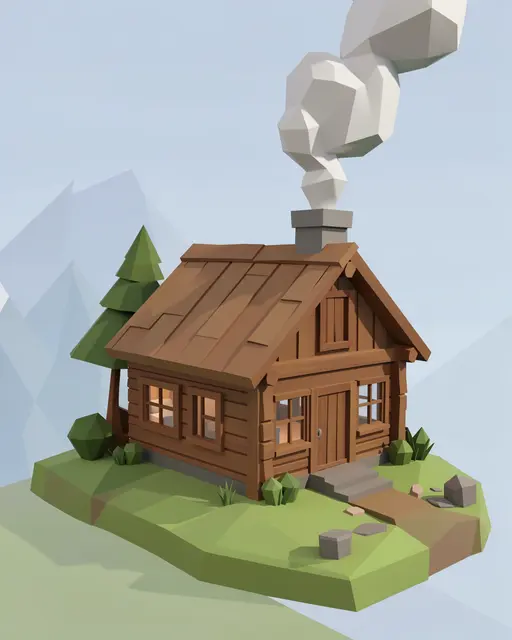 Stylized low poly 3D mountain cabin with rising chimney smoke set against distant mountains