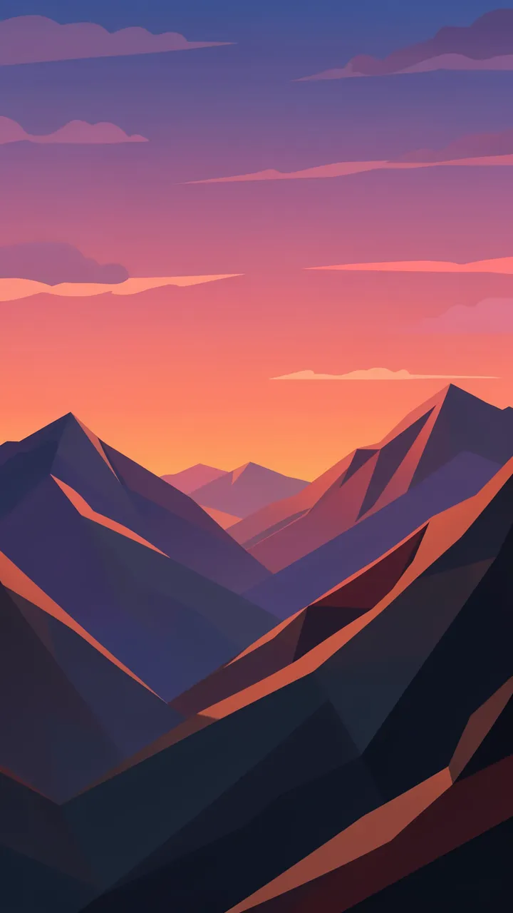 Stylized low poly mountain peaks under a gradient pink and purple dusk sky with flat geometric clouds