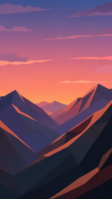 Stylized low poly mountain peaks under a gradient pink and purple dusk sky with flat geometric clouds