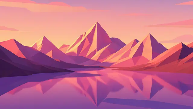 Faceted low-poly mountain range reflects in a calm violet lake under a pink and orange sunrise sky