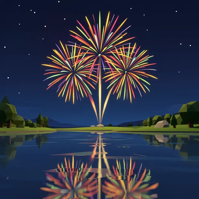 Colorful low poly fireworks burst over a calm reflective lake under a starry night sky