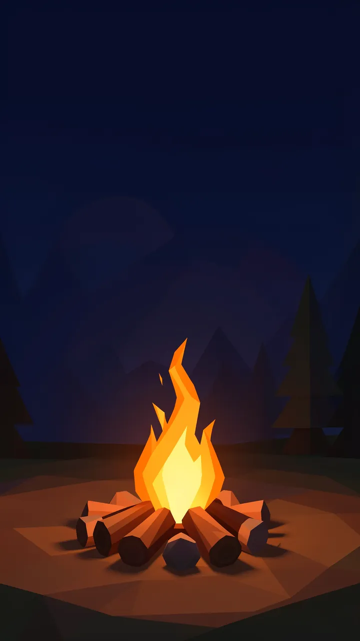 Glowing low-poly campfire sits on cleared ground beneath an empty navy night sky