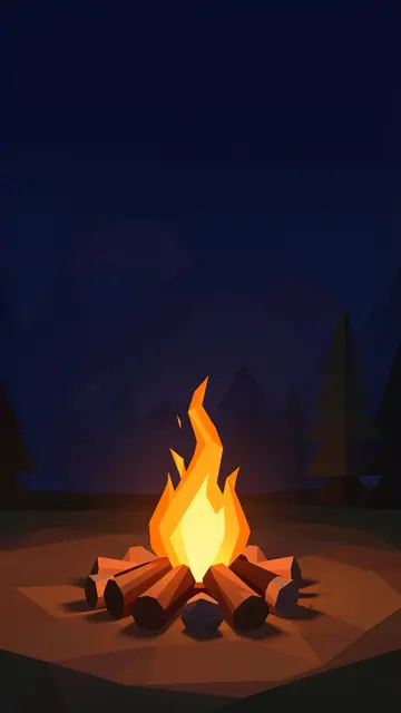 Glowing low-poly campfire sits on cleared ground beneath an empty navy night sky