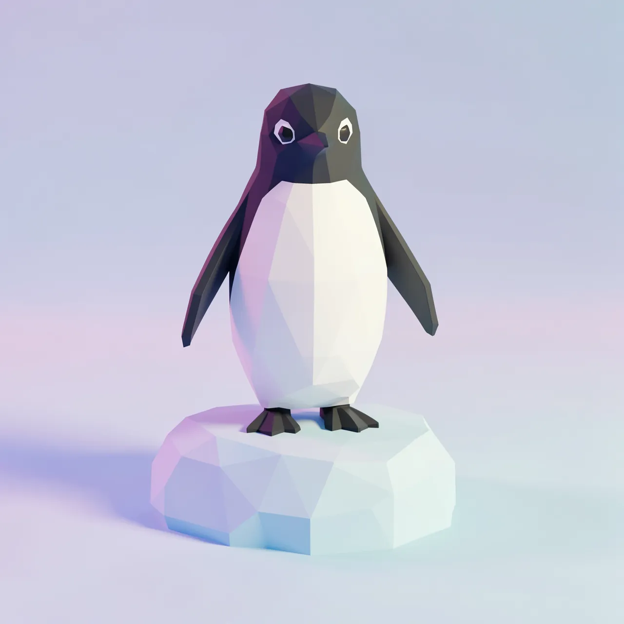 Low poly 3D penguin standing on a small polygonal iceberg against a soft pastel gradient background