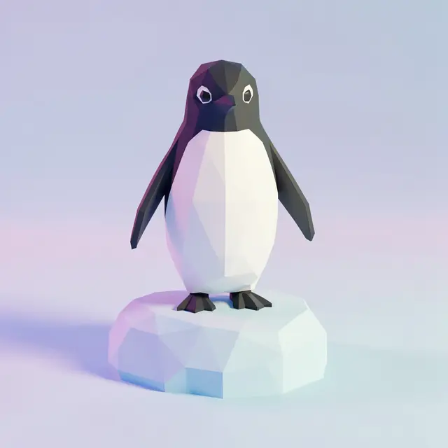 Low poly 3D penguin standing on a small polygonal iceberg against a soft pastel gradient background