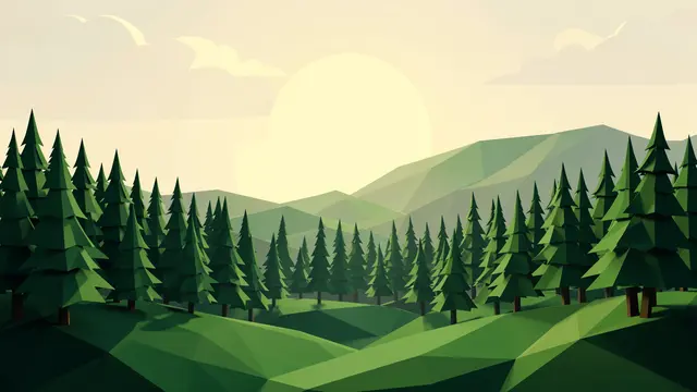 Faceted low-poly pine trees cover rolling green hills beneath a pale yellow sun