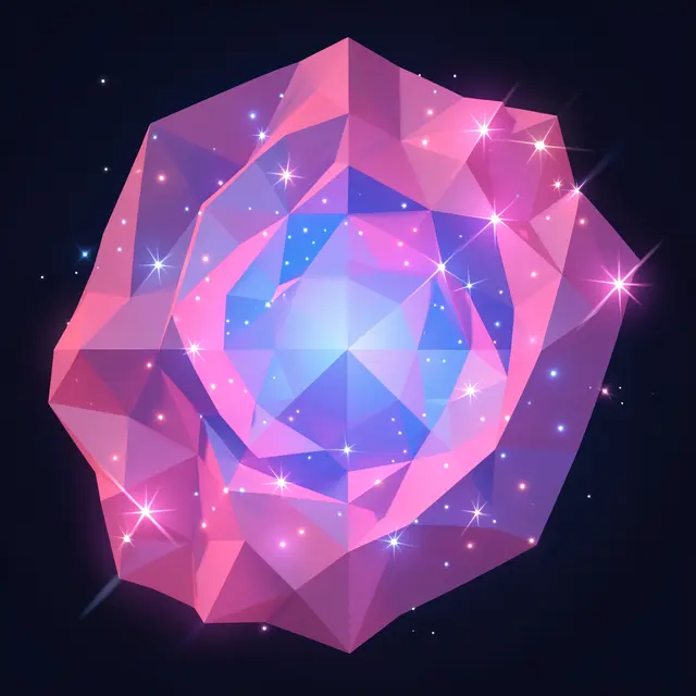 Faceted low poly 3D nebula in pink and blue tones with glowing star points against a dark space background