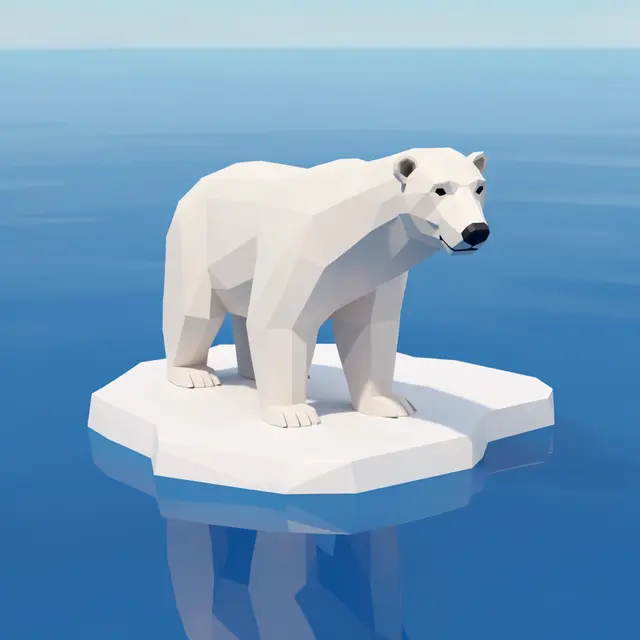 Low poly 3D polar bear standing on a small ice floe in calm blue arctic sea