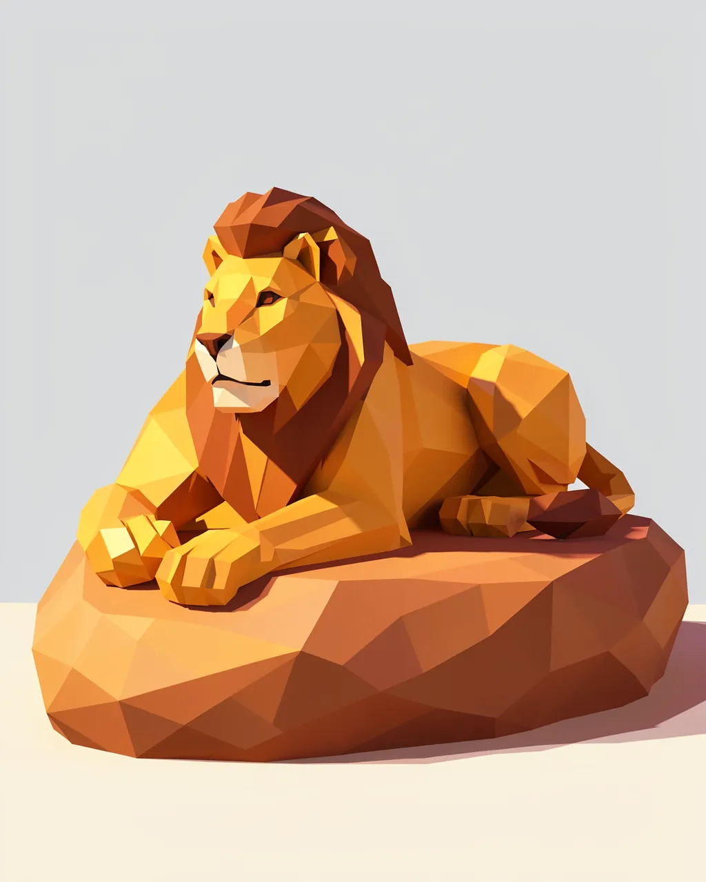 Low poly 3D render of a resting lion sitting on a sunlit faceted rock