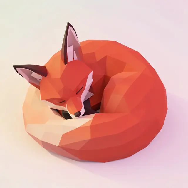 A low poly 3D render of a red fox curled up asleep against a soft pastel gradient background