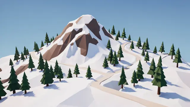 Low poly 3D render of a snowy mountain with winding paths and scattered pine trees under a clear blue sky