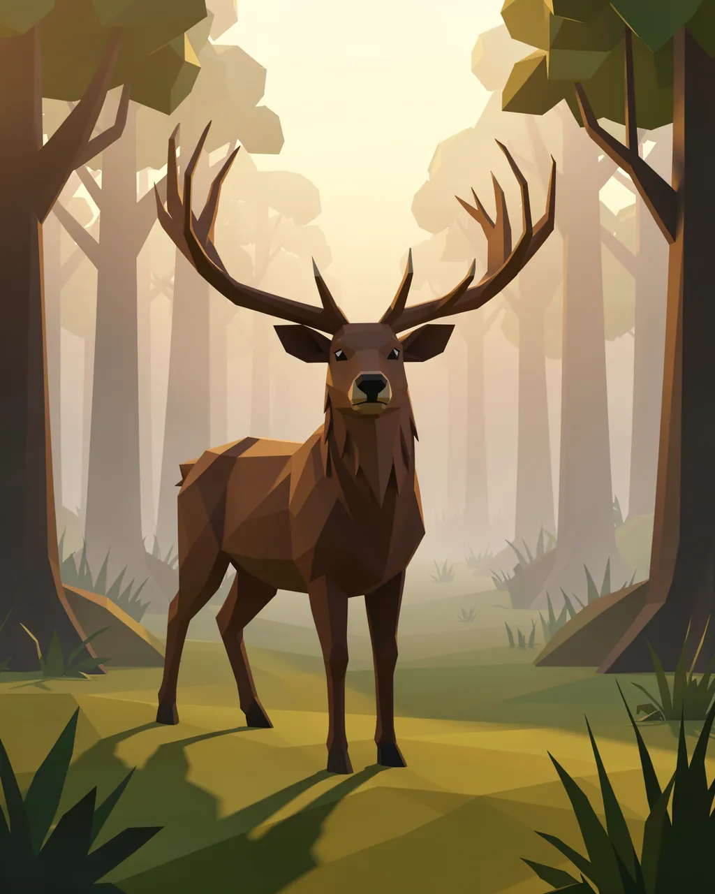 A low poly 3D stag with wide antlers stands in a misty forest clearing at soft dawn light