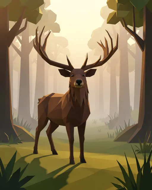 A low poly 3D stag with wide antlers stands in a misty forest clearing at soft dawn light
