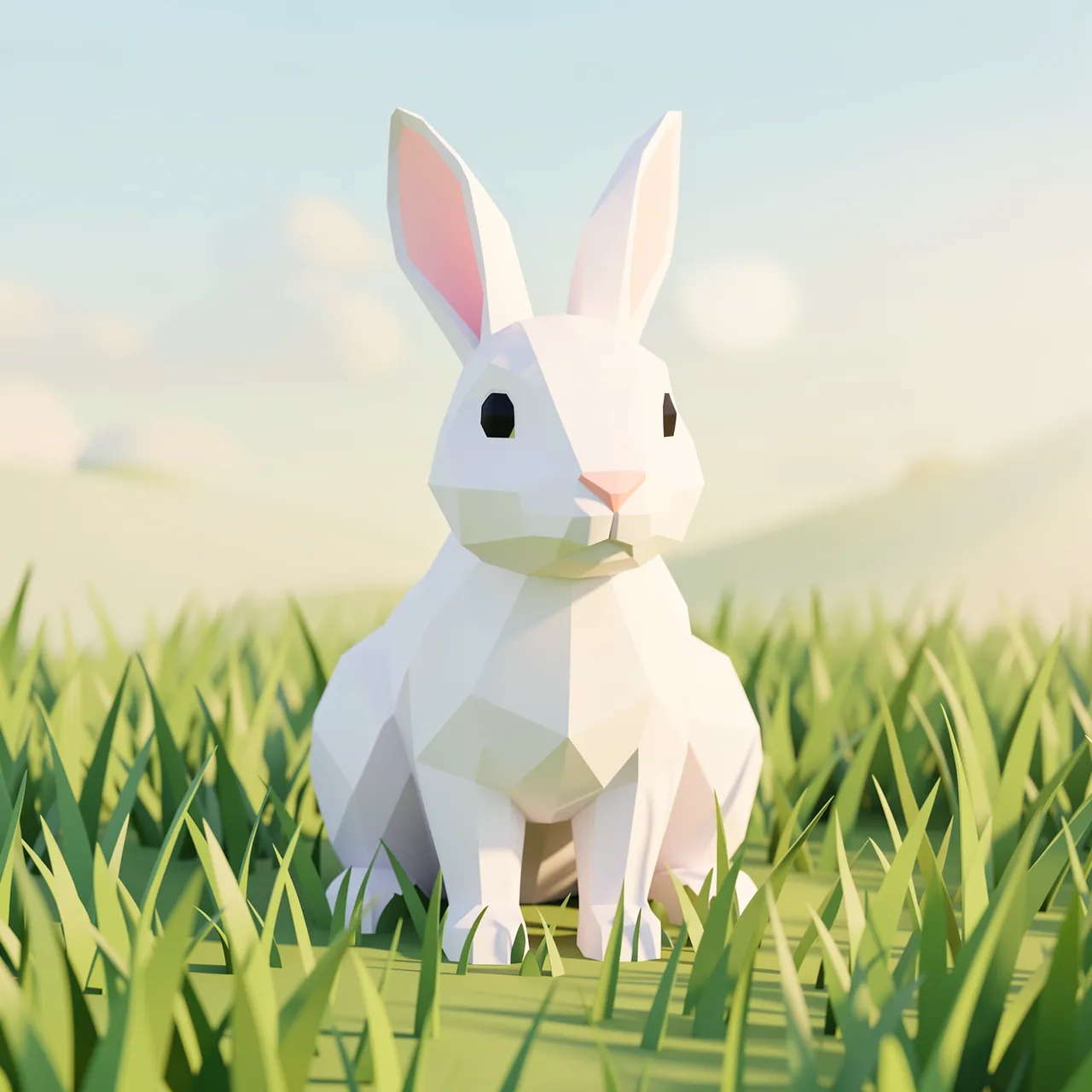 A low poly 3D rendered white rabbit sits in tall green grass under soft pastel sky light