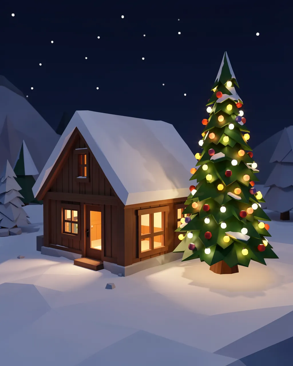 Low poly 3D render of a snow-covered lit cabin beside a decorated glowing Christmas tree on a starry winter night