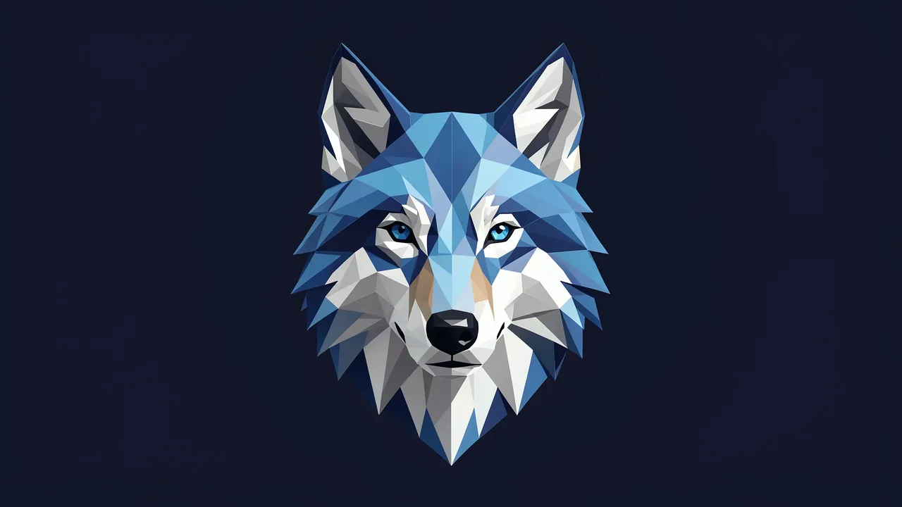 Faceted geometric low-poly wolf head in cool blues and silver set against a dark navy background