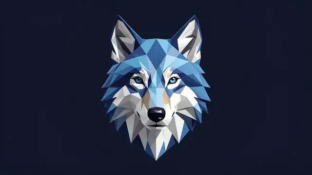 Faceted geometric low-poly wolf head in cool blues and silver set against a dark navy background