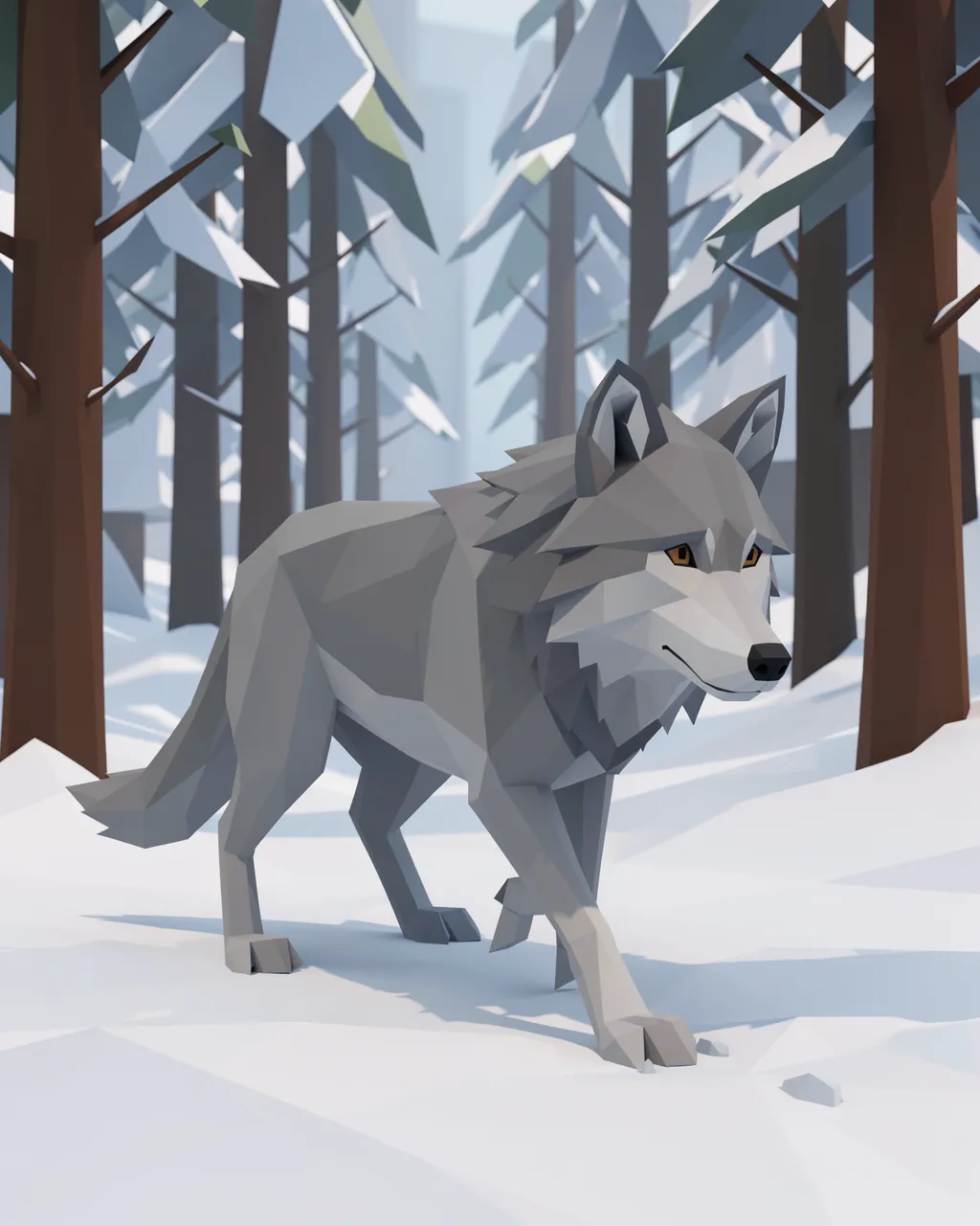 Low poly 3D gray wolf walks through a snowy evergreen forest